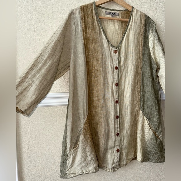 FLAX 100% Linen Lagenlook Button Front Tunic Cardigan Pockets Size Small - Picture 4 of 11